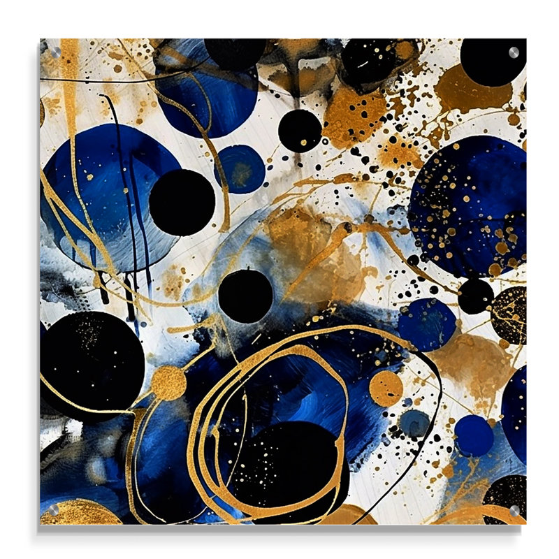 Motif abstrait avec des textures bleues et dorées XVIIIe - Art mural abstrait en minimalisme, H 30 po x l 30 po
