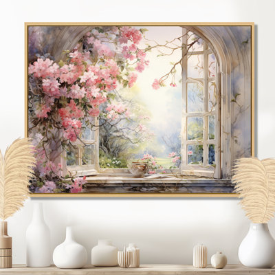 Pink Blossoming Country Window Gaze I - Floral Window Wall Art