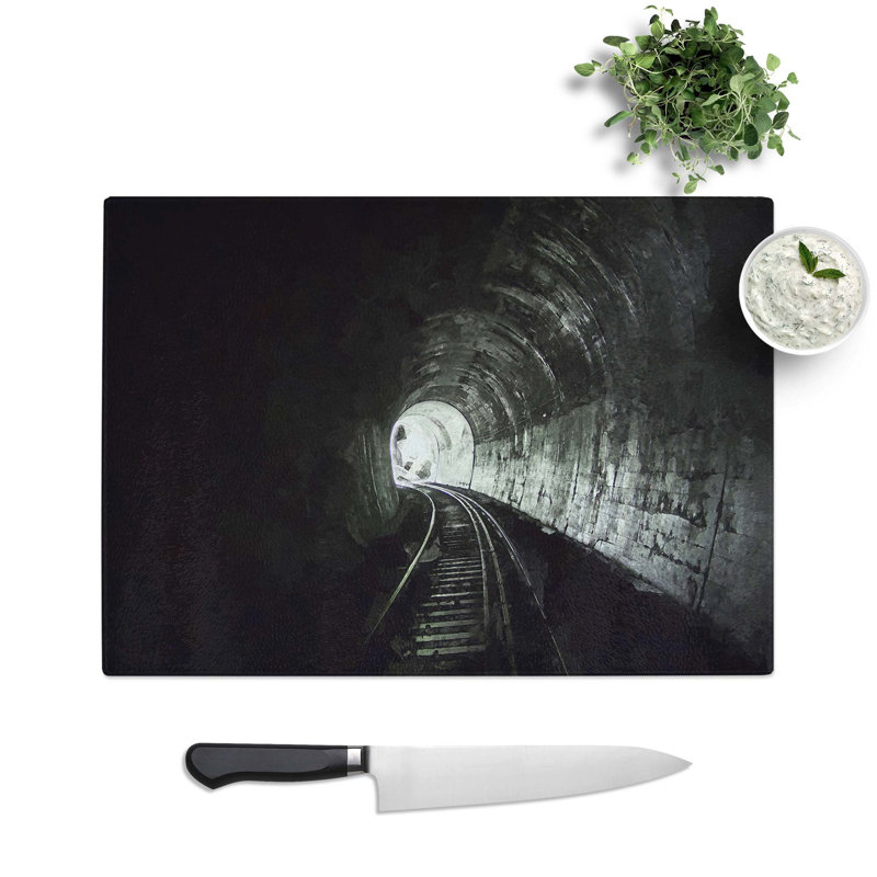 Tempered Glass Train Railway Tunnel in Abstract Chopping Board, 28.5 cm W x 20 cm L