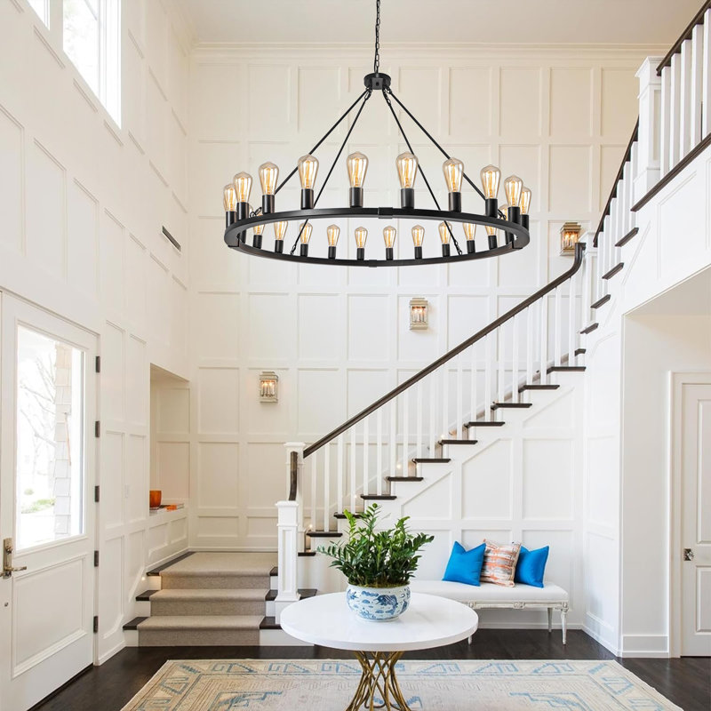 Costachi 24-Light Wagon Wheel Chandelier, 47-Inch Round Farmhouse Chandelier Extra Large for High Ceilings (Bulbs not included)