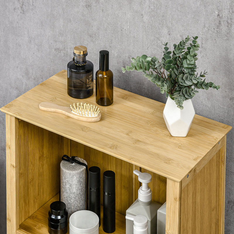 Armoire de salle de bain en bambou avec plusieurs tablettes et portes, naturel
