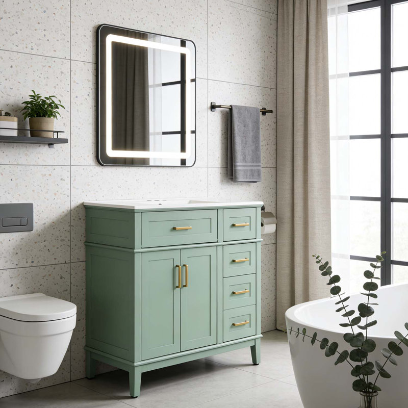 Meuble-lavabo moderne avec lavabo en céramique, portes à fermeture en douceur, Vert clair