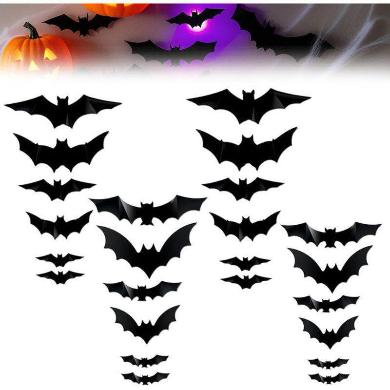 Halloween Bat, 2025 New 3D Bat Decoration with LED, Wall Sticker, Halloween Decoration, Party Decoration, Outdoor, Indoor (Pack of 24)