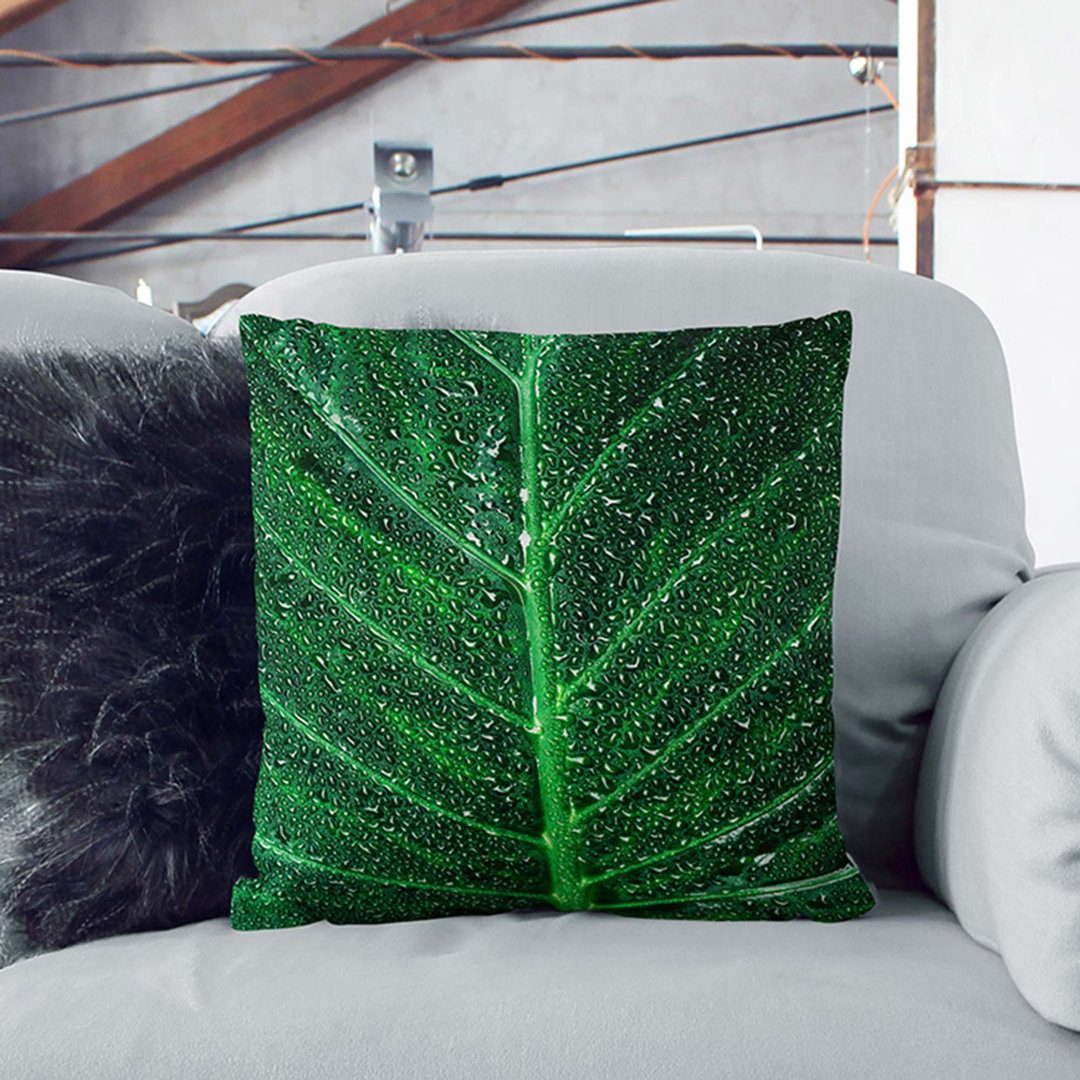 Dewdrops upon a Green Leaf in Abstract Cushion with Filling