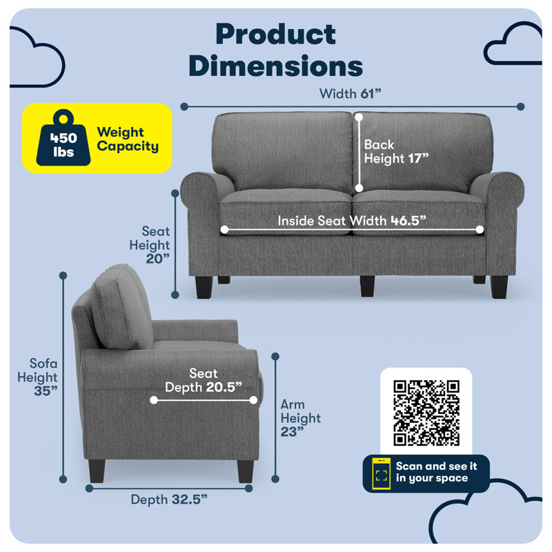 Serta Copenhagen 61-Inch Rolled Arm Loveseat with Easy-Care Fabric and Pillow Back, Dark Gray Polyester Blend