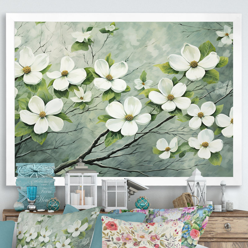 Impression sur toile Dogwood, H 30 po x l 40 po, Cadre de coin blanc fermé