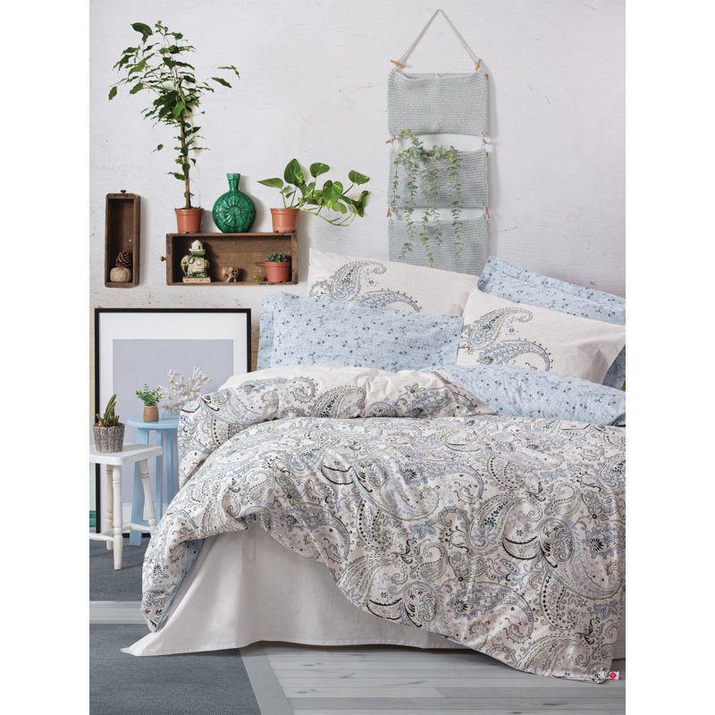 Ensemble de housse de couette 100% coton bleu / blanc / noir Eilt, Housse de couette simple + 1 taie d'oreiller 24 po