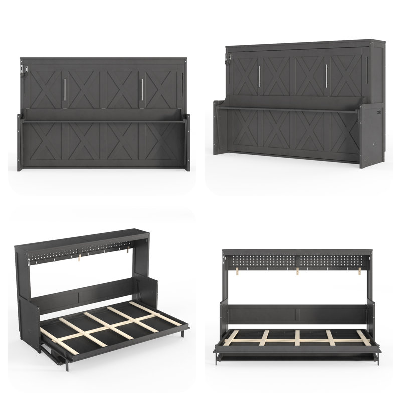 Lit escamotable double avec bureau intégré, charge USB et lumières DEL - Lit mural peu encombrant pour les petites pièces, les bureaux à domicile et les espaces invités