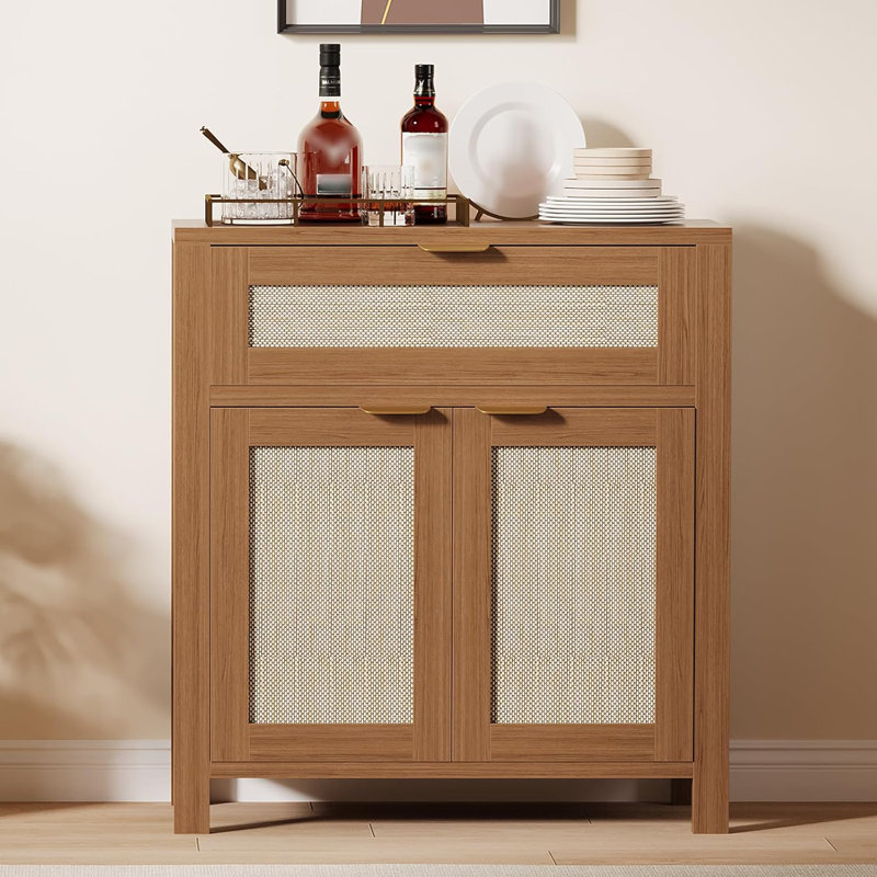 Rattan Sideboard Buffet Cabinet, Farmhouse Natural Storage Accent Cabinets With Drawer And Adjustable Shelf, Brown