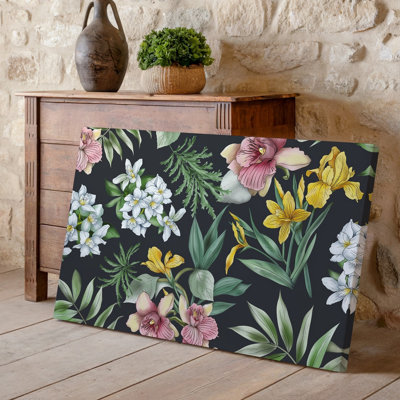Toile, motif floral éclatant avec une variété d'orchidées iris, art mural et autres fleurs sur fond gris anthracite