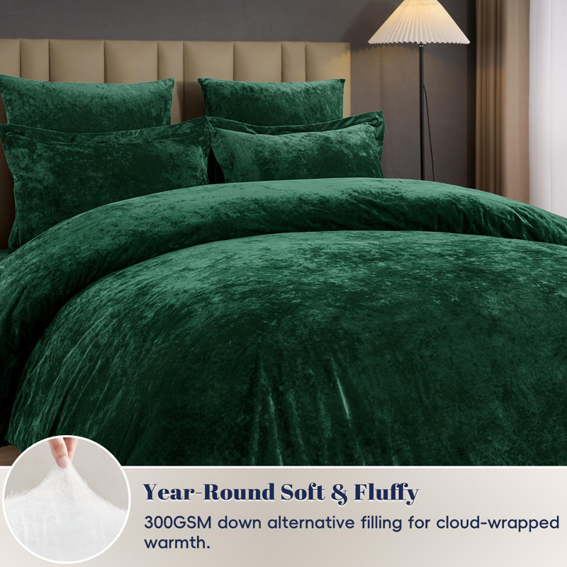PHF Double-Sided Velvet Comforter Set, 5 Piece Soft Luxury Winter Warm Bedding Sets, Modern Bed in A Bag, Emerald green