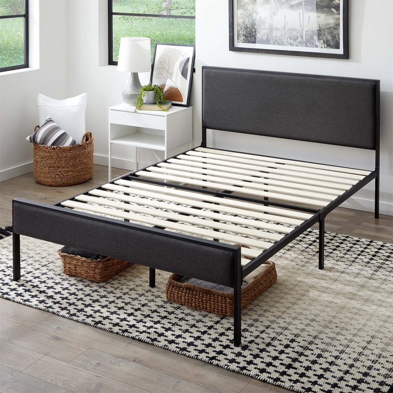Structure de lit plateforme durable en métal avec tête de lit rembourrée, gris anthracite, très grand pour plus de confort et de soutien