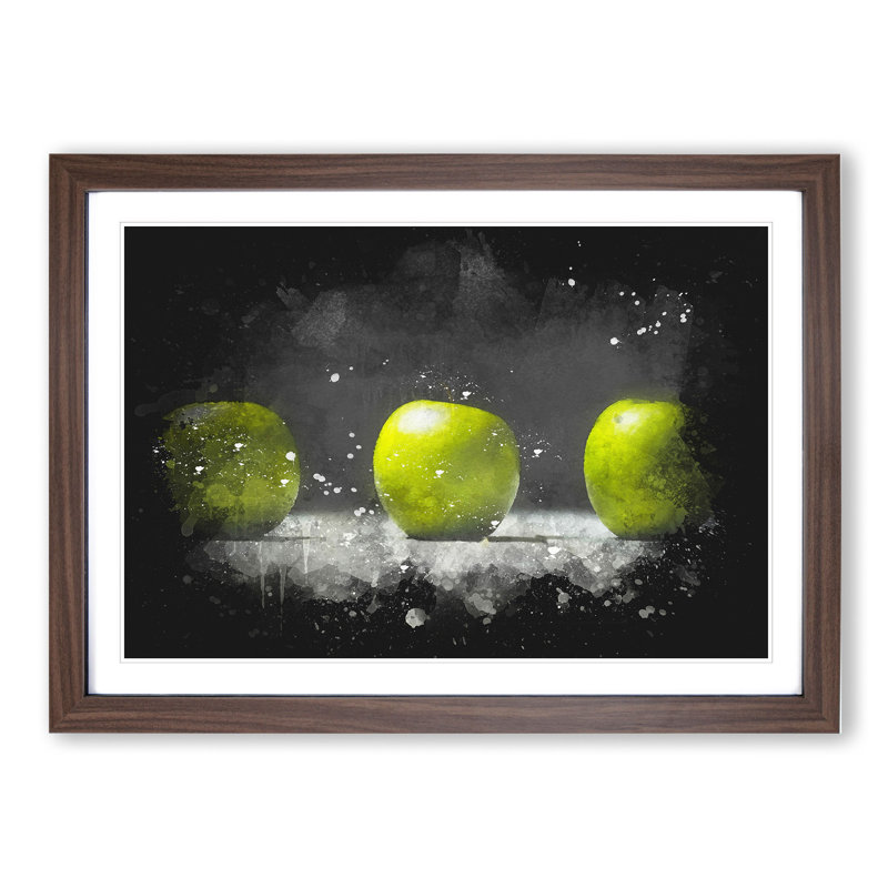 Row of Green Apples Paint Splash - Picture Frame Graphic Art, 27cm H x 36cm W x 2cm D, Walnut Framed