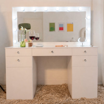 Boahaus Verona Large Vanity Desk with Framed Bulb Mirror – Custom Space Makeup Vanity Designed as a Structured Dressing Station with Integrated Power