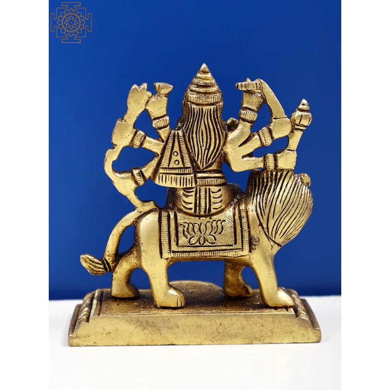 3" Eight-Armed Goddess Durga on Lion Brass Statue – Handcrafted Hindu Protection Deity Miniature for Home Altar Decor