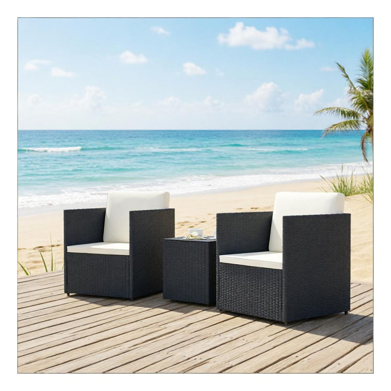 3-Piece Folding Outdoor Bistro Set with Rattan Table and Chairs, Black and White