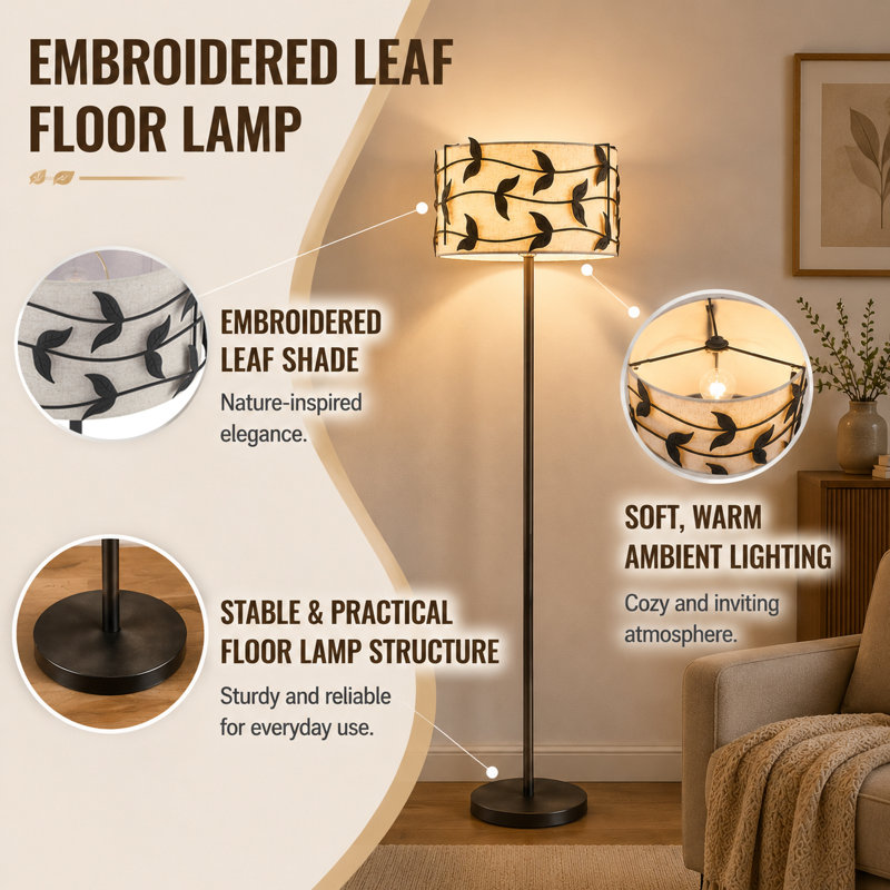 59.8" Modern Floor Lamp with Leaf-Pattern Fabric Shade, Black