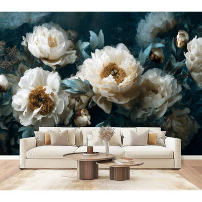 Boho Peel and Stick Wallpaper Opulent Painterly Peony Moody Lighting Wall Murals 69"H x 96"W Removable PVC Wall Paper Self-Adhesive Wall Decor for Bedroom Living Room Home Office