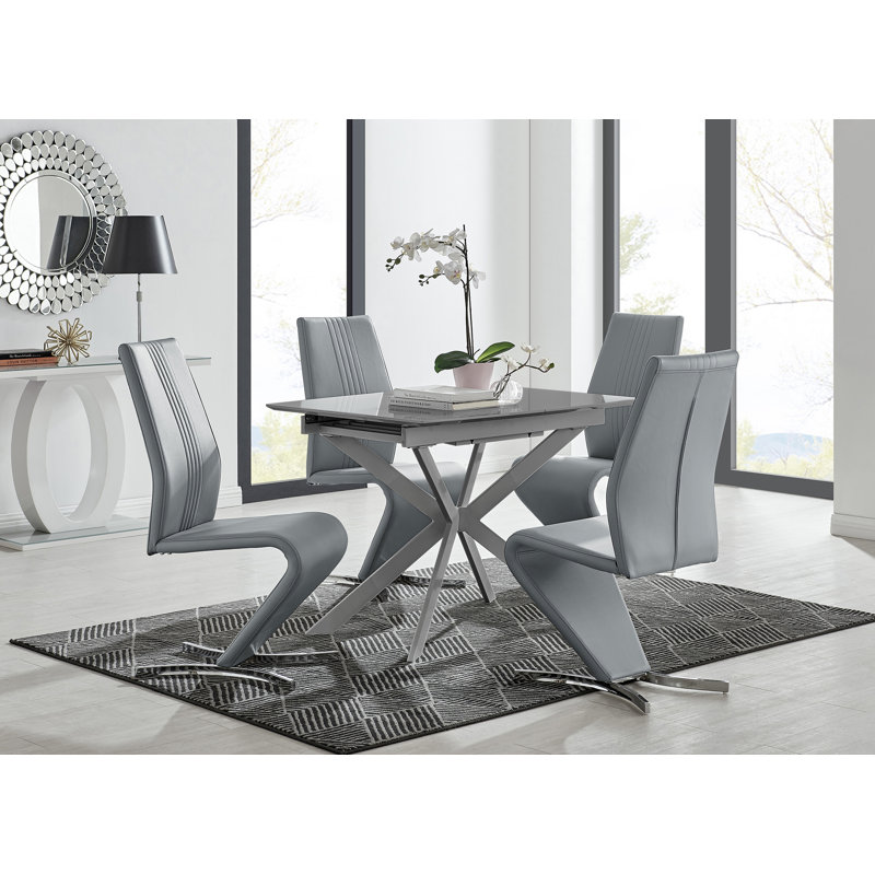 Lira 100Cm Grey Metal Extending Dining Table & 4 Grey Willow Chairs, Grey