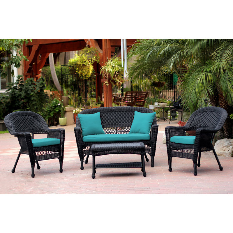Cecilton 4 Piece Rattan Sofa Seating Group , Black, Turquoise