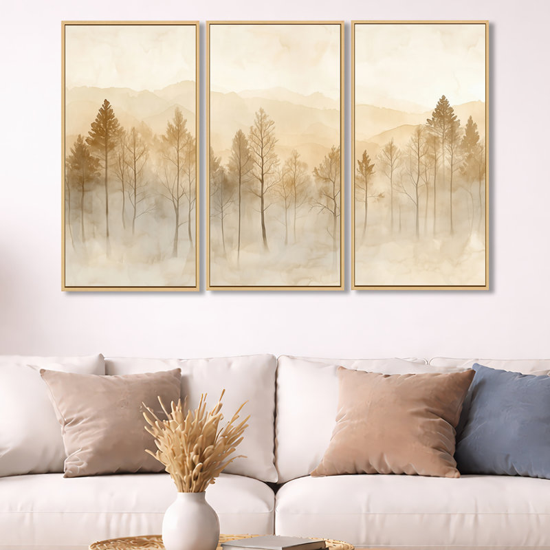 «Latte Forest Mist Glow I - Woodland», ensemble de 3 toiles encadrées, H 32 po x l 48 po, Cadre naturel flottant