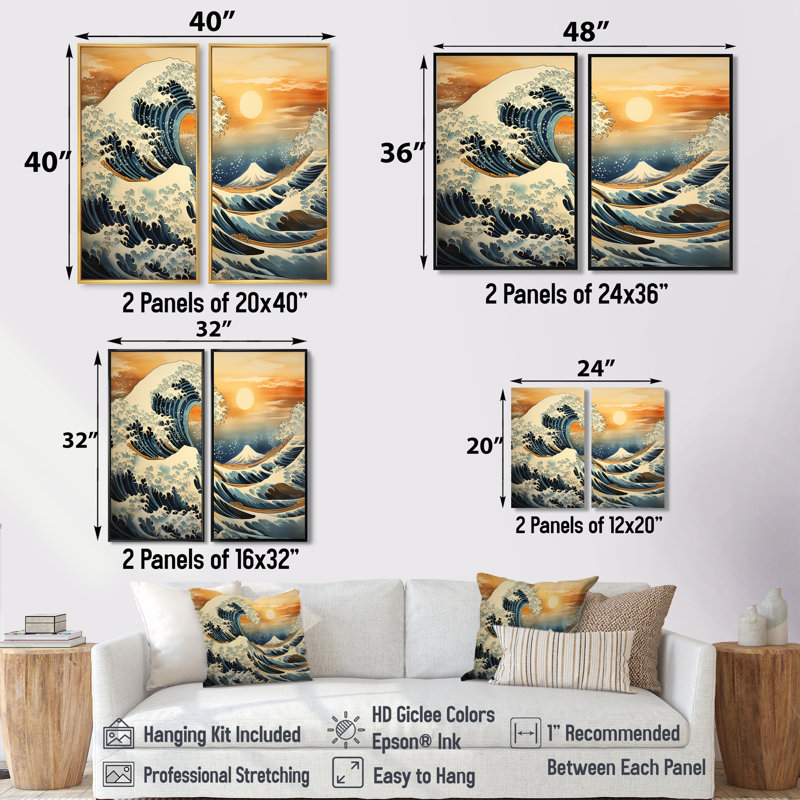 Art mural sur toile surdimensionné, chef-d'œuvre «The Gold Great Wave», 36" H x 48" W, Impression encadrée flottante, Brown