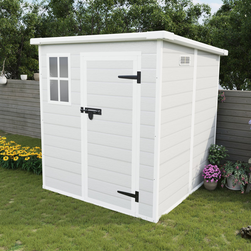 Remise de rangement imperméable, 6 x 6 pi, résine avec fenêtre, évents pour cour arrière, plancher de pelouse, jardin de fenêtre, outil