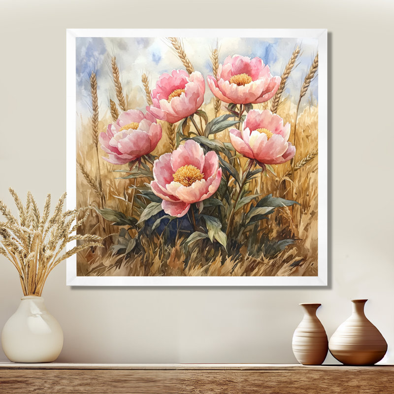 Pivoines dans le champ de blé I - pivoines, art mural, Reproduction encadrée d'une seule photo, H 16 po x l 16 po, Blanc