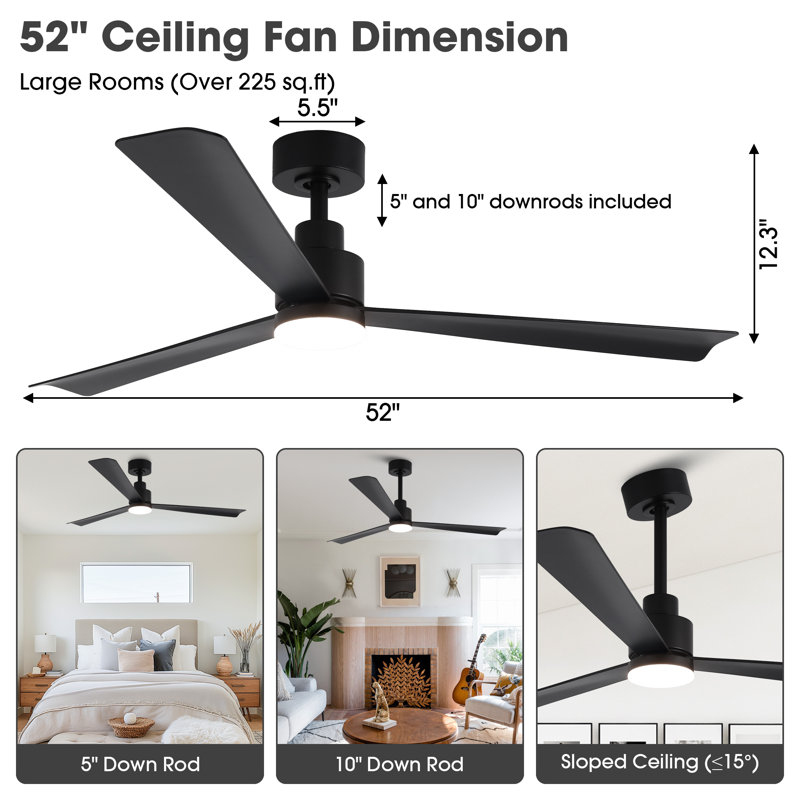 52" Propeller Dimmable LED Ceiling Fan with Lights and Remote Control, 6-Speed Reversible DC Motor, 3 Color Lights, 5"&10" Downrods Included