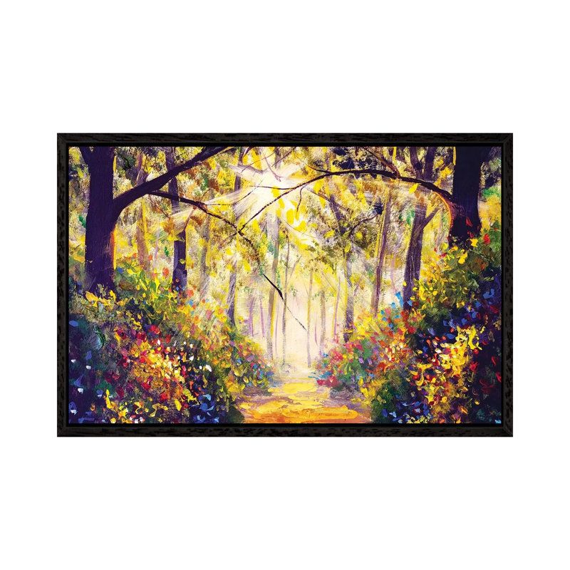 Sunny Forest Wood Trees by Valery Rybakow - Painting on Canvas, 45.72cm H x 66.04cm W x 3.81cm D, Black Framed