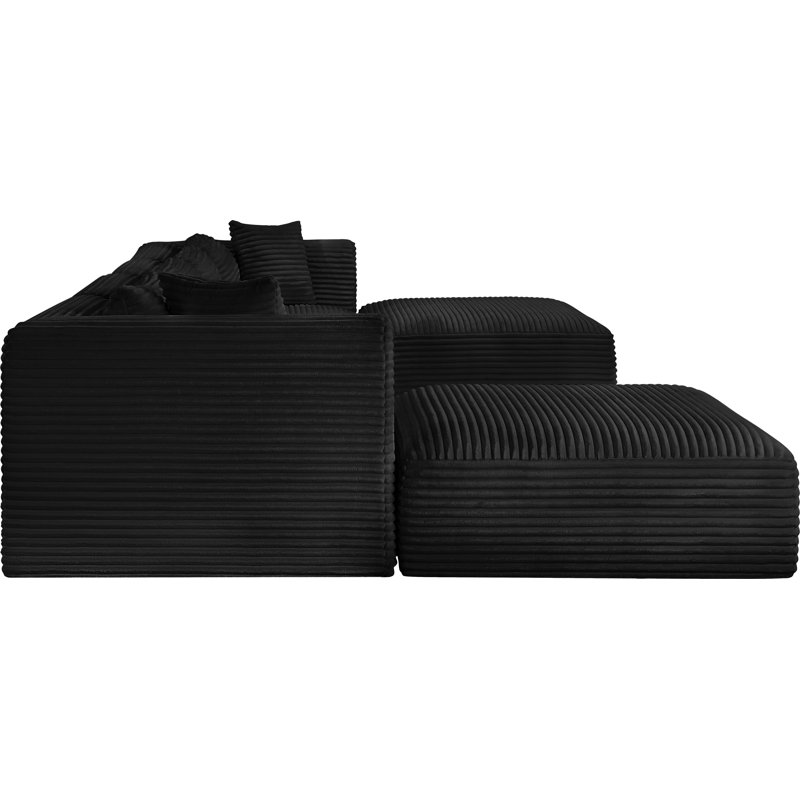 Canapé modulaire Carmean, Tissu velours côtelé texturé noir, 2 repose-pieds sans accoudoirs, 2 en coin, 2 repos