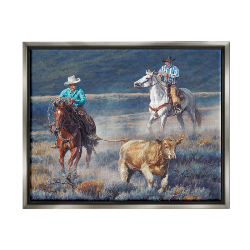 «Union Rustic Cowboys Wrangling Bovins», art mural encadré par David Graham, H 25 po x l 31 po x P 1,7 po, Gris