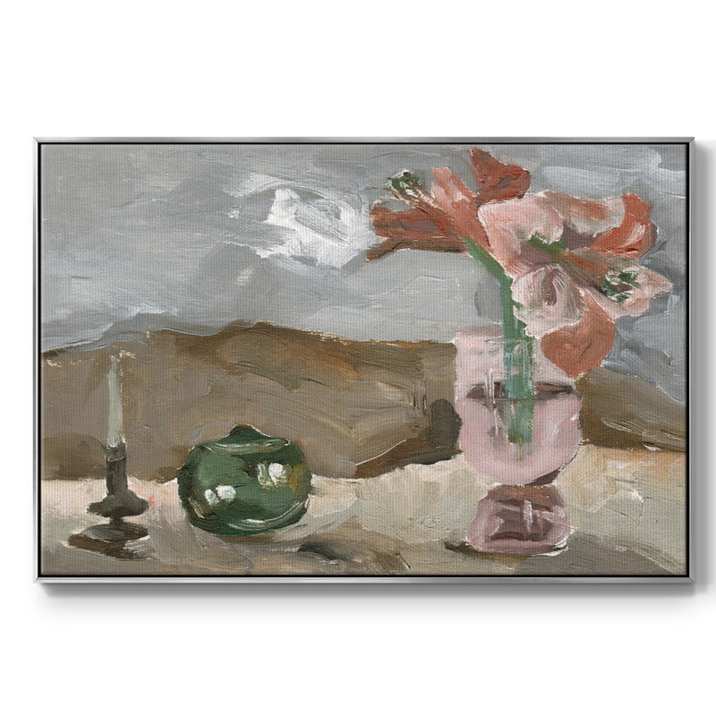 Vase de fleurs roses II - impression, Toile argentée avec cadre flottant, H 17 po x l 25 po x P 2 po