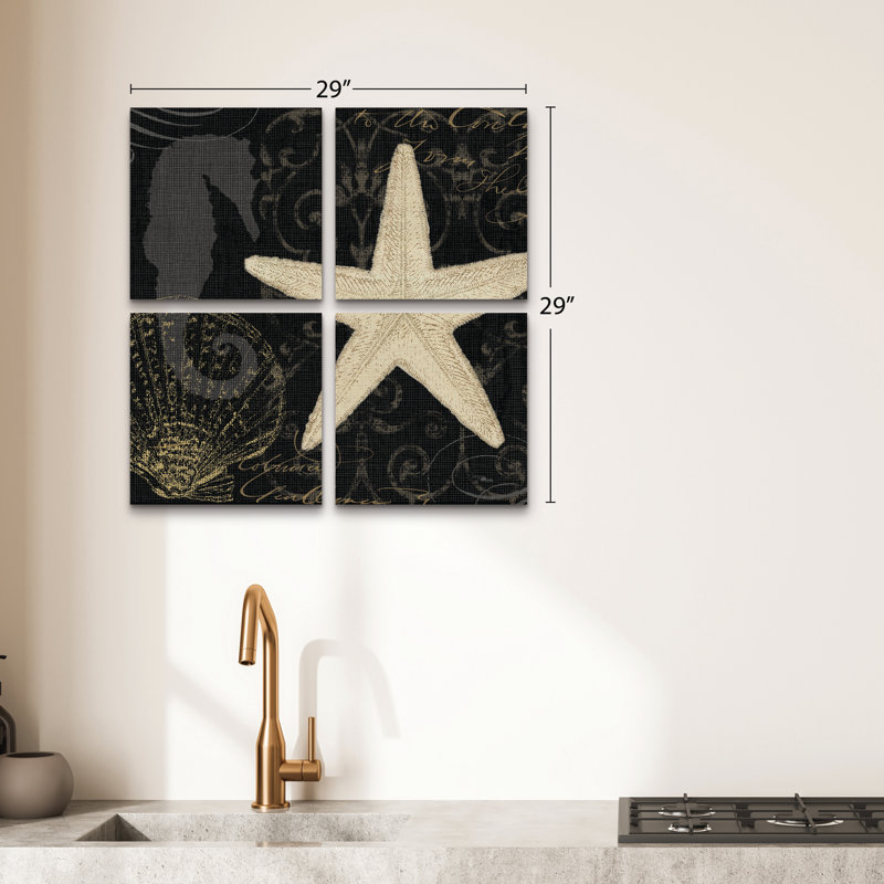 Ensemble de 4 panneaux muraux - Pela Studio «Coastal Moonlight I», art mural sur toile pour le salon, la chambre à coucher ou le bureau 
