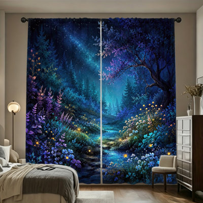 2 Pieces Enchanted Forest Path with Starry Night Sky and Blooming Flowers, Light Filtering Curtain, Fairy Tale Scene Decor, Easy Hang Rod Pocket, All-Season Window Treatment for Home Living Room Bedroom Decoration