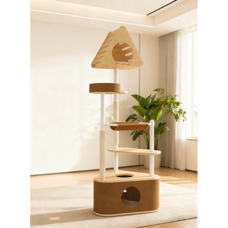 72-inch beige triangular solid wood cat climbing frame