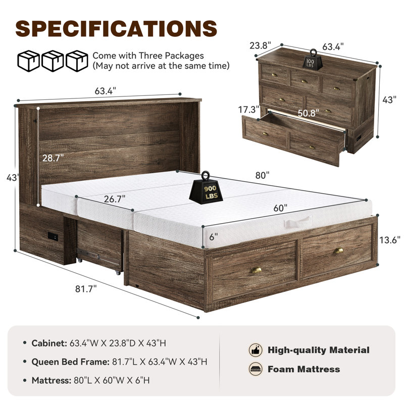 Grand lit escamotable Farmhouse avec station de charge et matelas pliable inclus, gris rustique, Grand, gris
