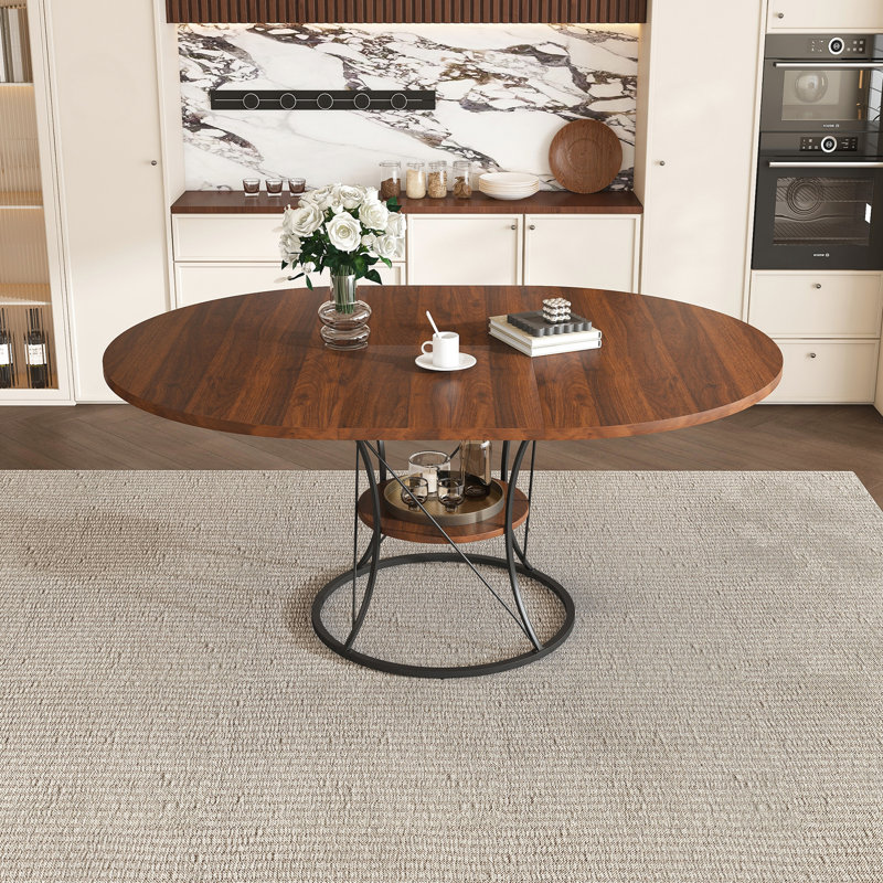 Expandable Dining Table with Shelf & Metal Base