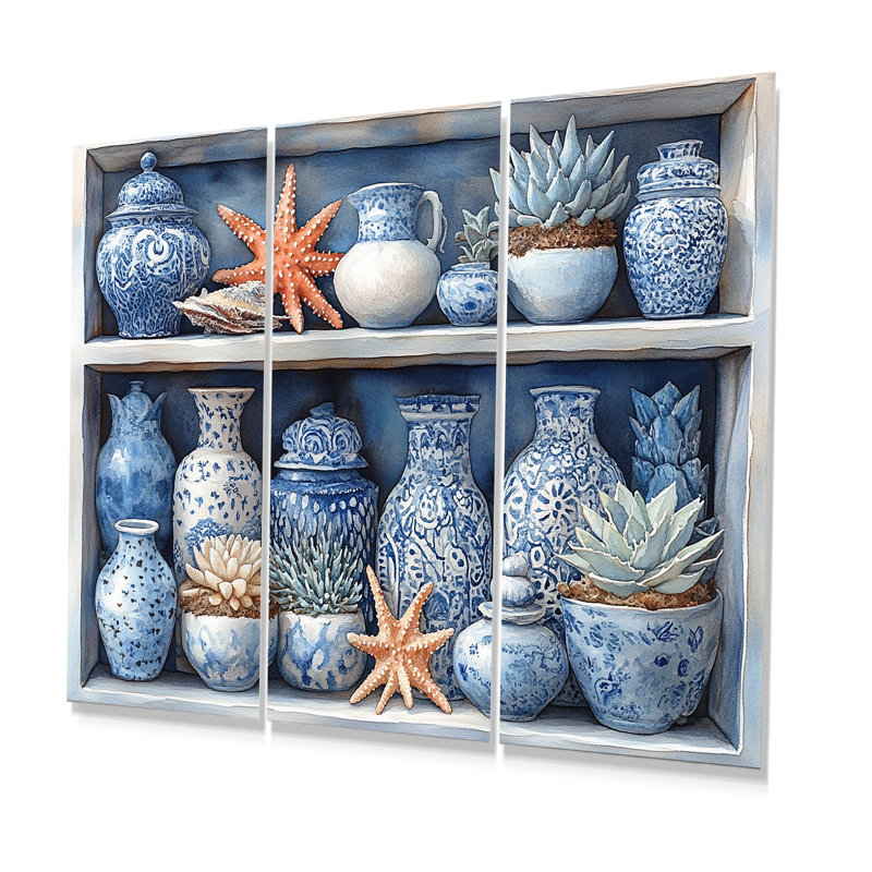 Poterie de plage dans des tons bleus et blancs - Ensemble de décorations murales de plage, Métal métal