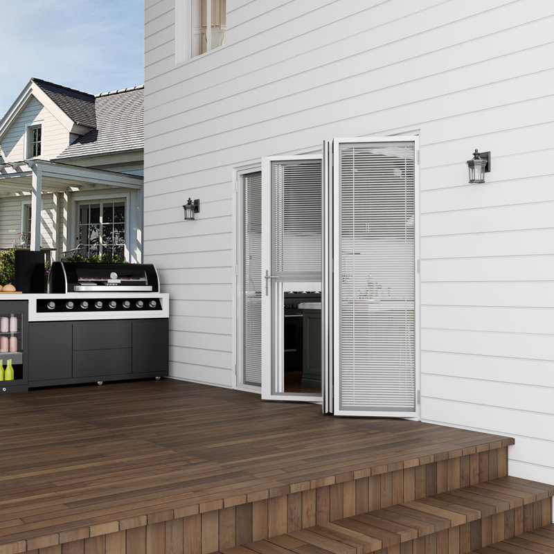 120 po H 80 po W Porte de patio pliante en aluminium blanche à ouverture droite avec stores 3 + 1, L 120 po x H 80 po
