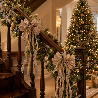 2pcs Christmas Wreath Bows Decoration Ribbon Tree Topper Bows for Front Door Indoor Outdoor Wall Home Party Supply Christmas Decor Gifts