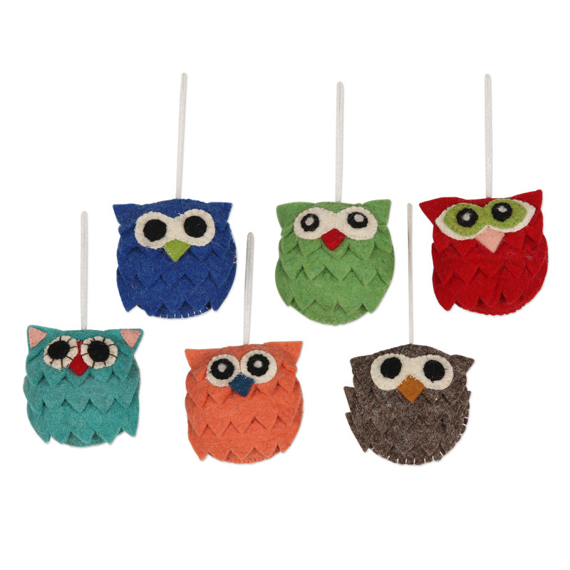 Ensemble de 6 décorations de Noël en laine fabriquées à la main NOVICA Merry Hoots