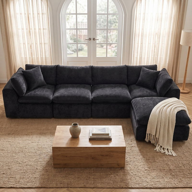 Canapé modulaire en L de 140 po avec repose-pieds modulaire en forme de L avec repose-pieds, canapé 4 places en chenille, aucun assemblage requis