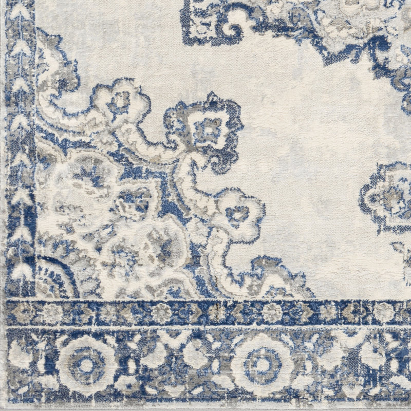 Hilyard Oriental Navy/Medium Gray/Cream/Silver Gray Area Rug, Runner 2'7" x 7'3"