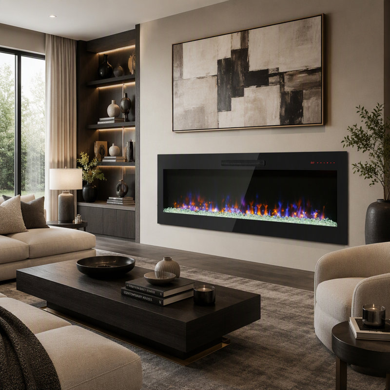 Foyer électrique mural encastré en verre trempé ultra-mince de 60 pouces avec télécommande et flamme multicolore