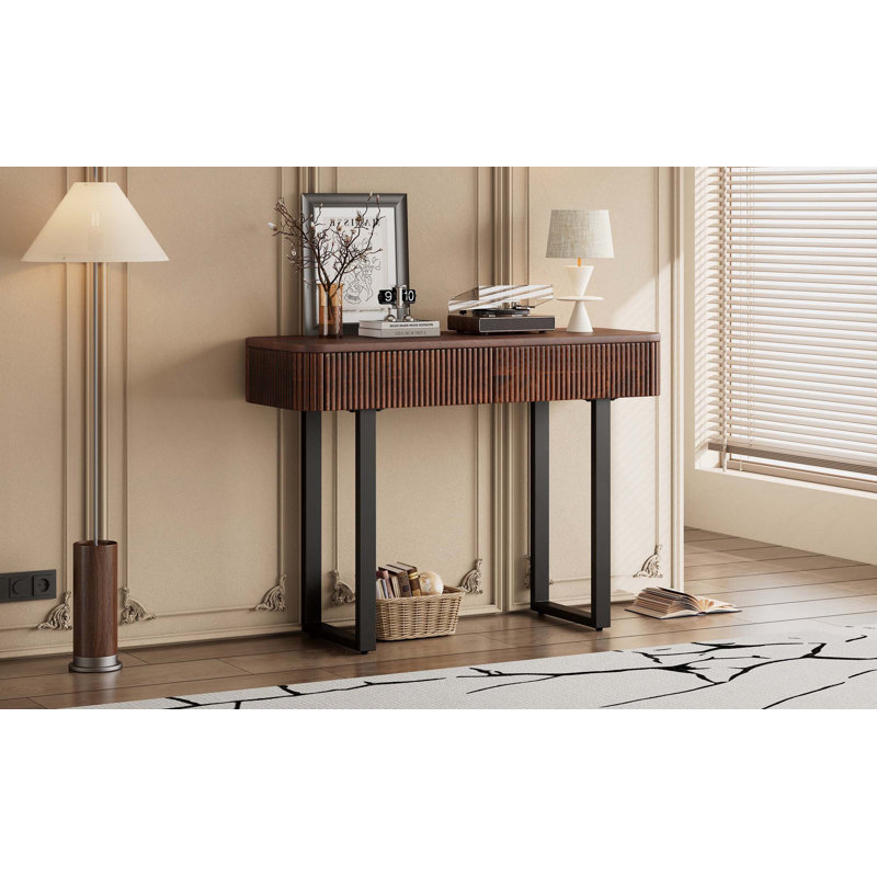Console moderne en bois massif avec design cannelé et rangement, Miel
