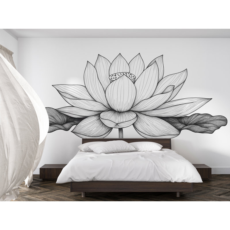 Adhésif décoratif grande fleur de lotus - art mural ligne noire au-dessus du lit, chambre à coucher minimaliste Zen et studio de yoga, décoration murale 076Mv