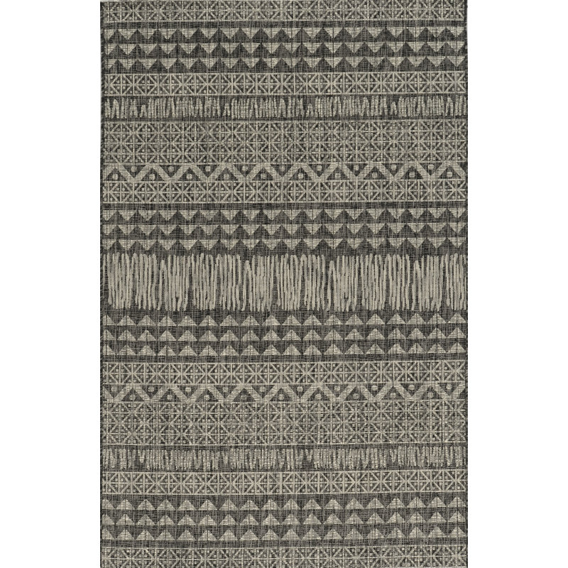 Sedona Boho Striped Charcoal/Natural Indoor/Outdoor Performance Area Rug, Rectangle 5'3" x 7'7"
