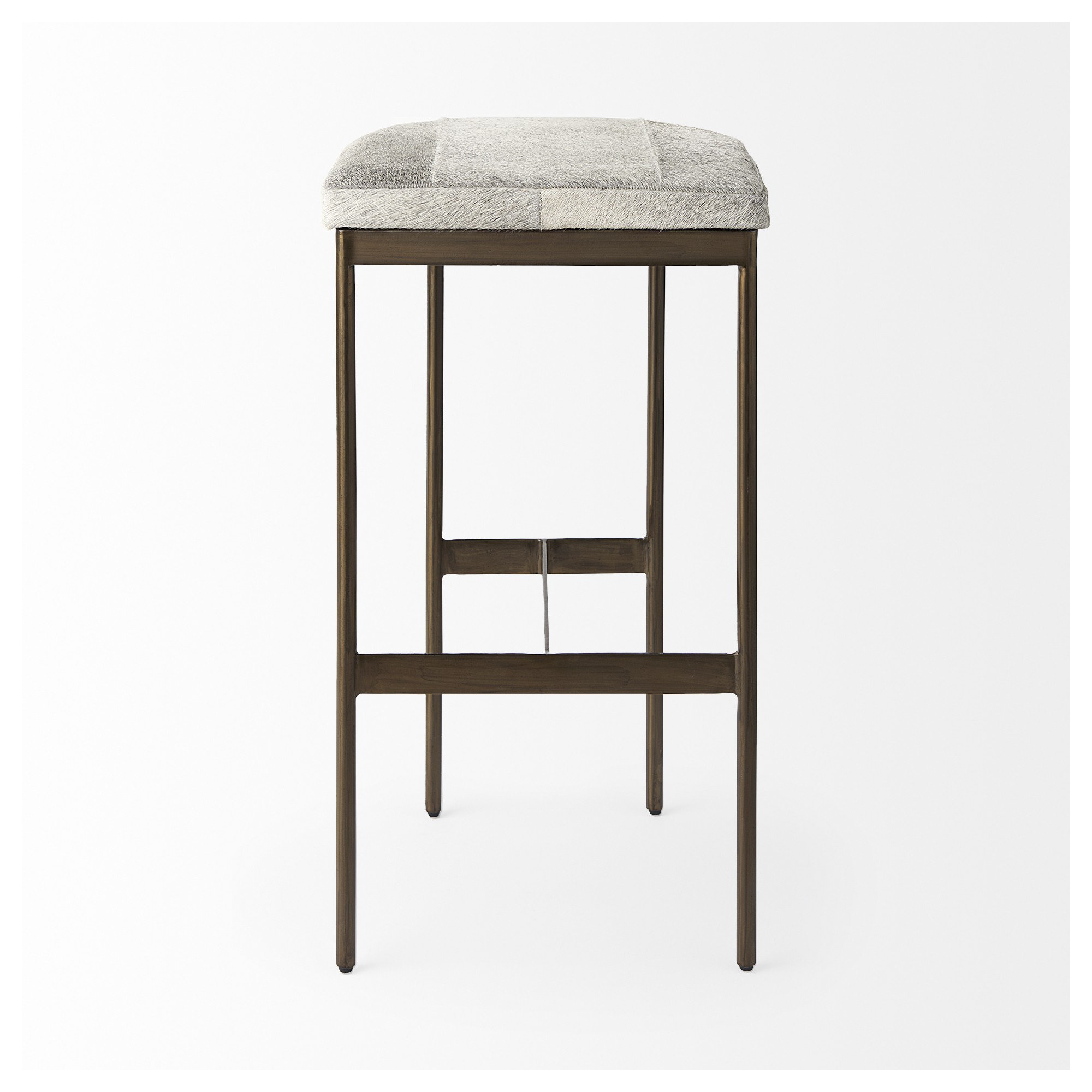 Adela Bar & Counter Stool, Bar Stool (30” Seat Height), Brass, Cowhide Gray