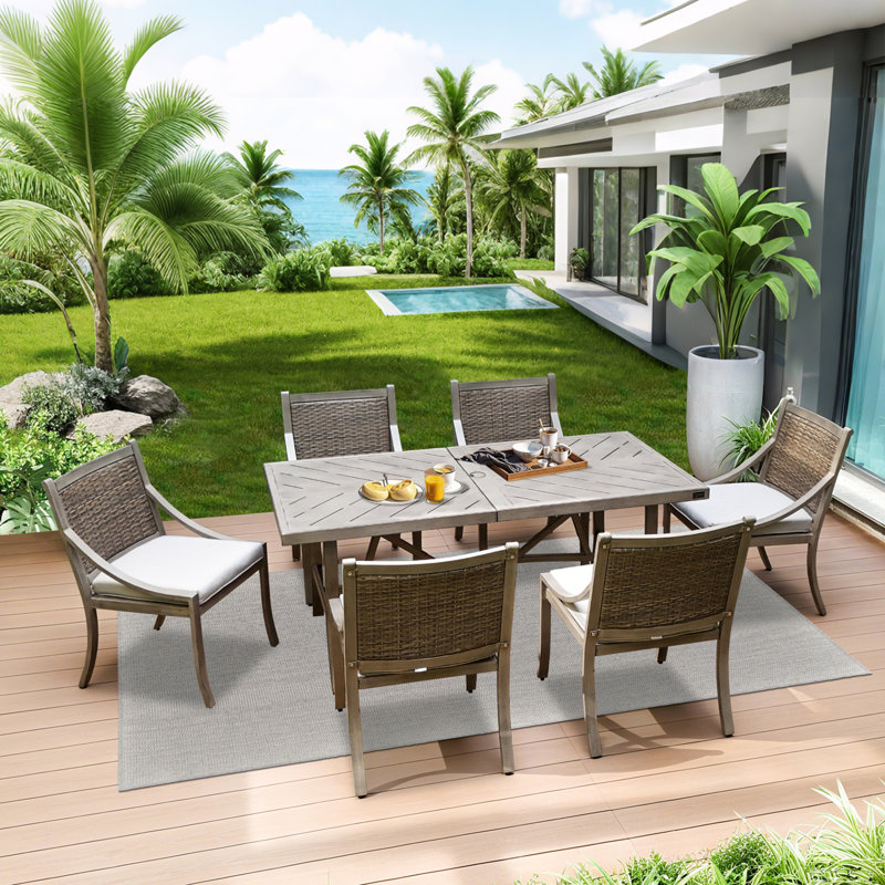 Patio Metal / Wicker 6 Person Dining  Set With Umbrella Hole